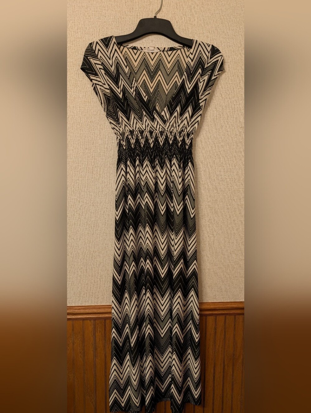5th Love Black and Cream Chevron Shirred-Waist Maxi Dress